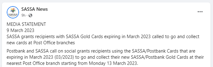 sassa gold cards expiring to be collected