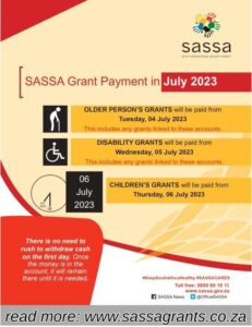 SASSA GRANT PAYMENT DATES JULY 2023